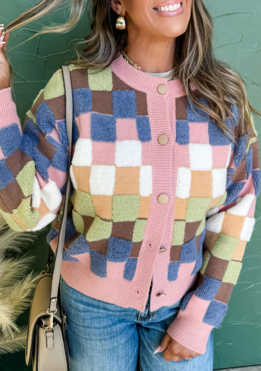 Pink Multicolor Check Sweater Cardigan