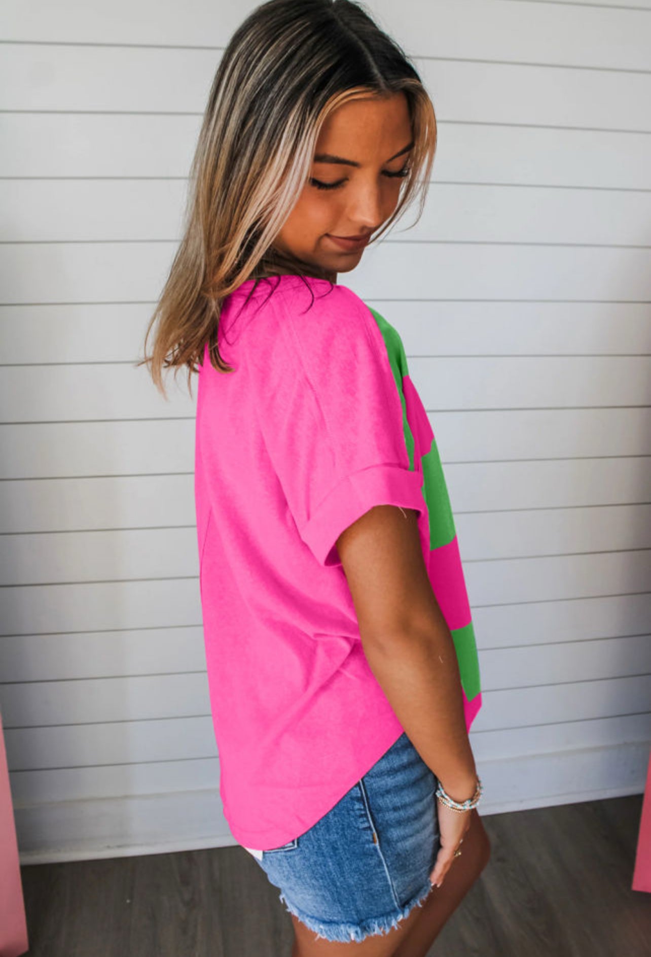 FINAL SALE—Pink & Green Stripe Round Hem T-shirt