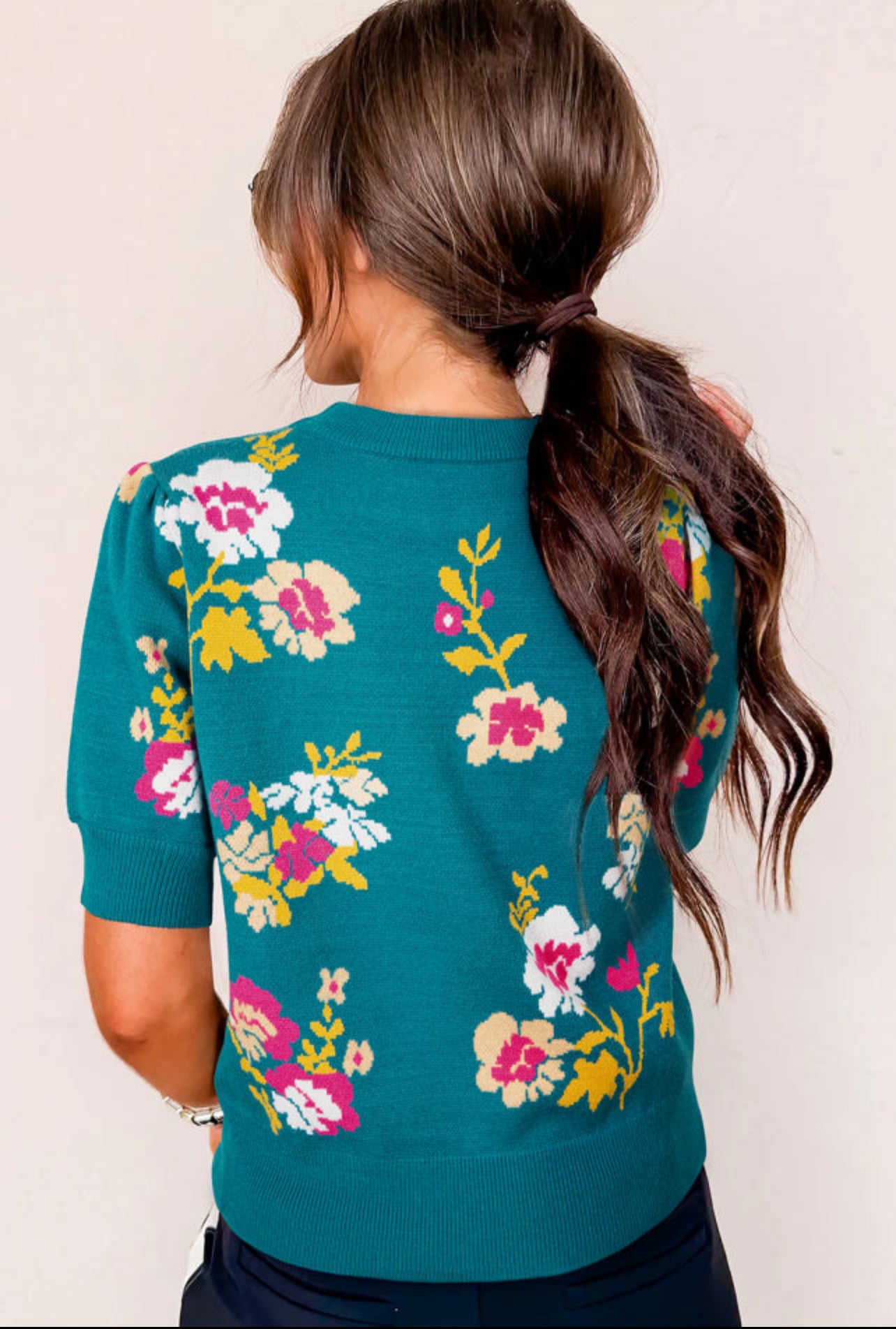 Turquoise Floral Short Sleeve Sweater
