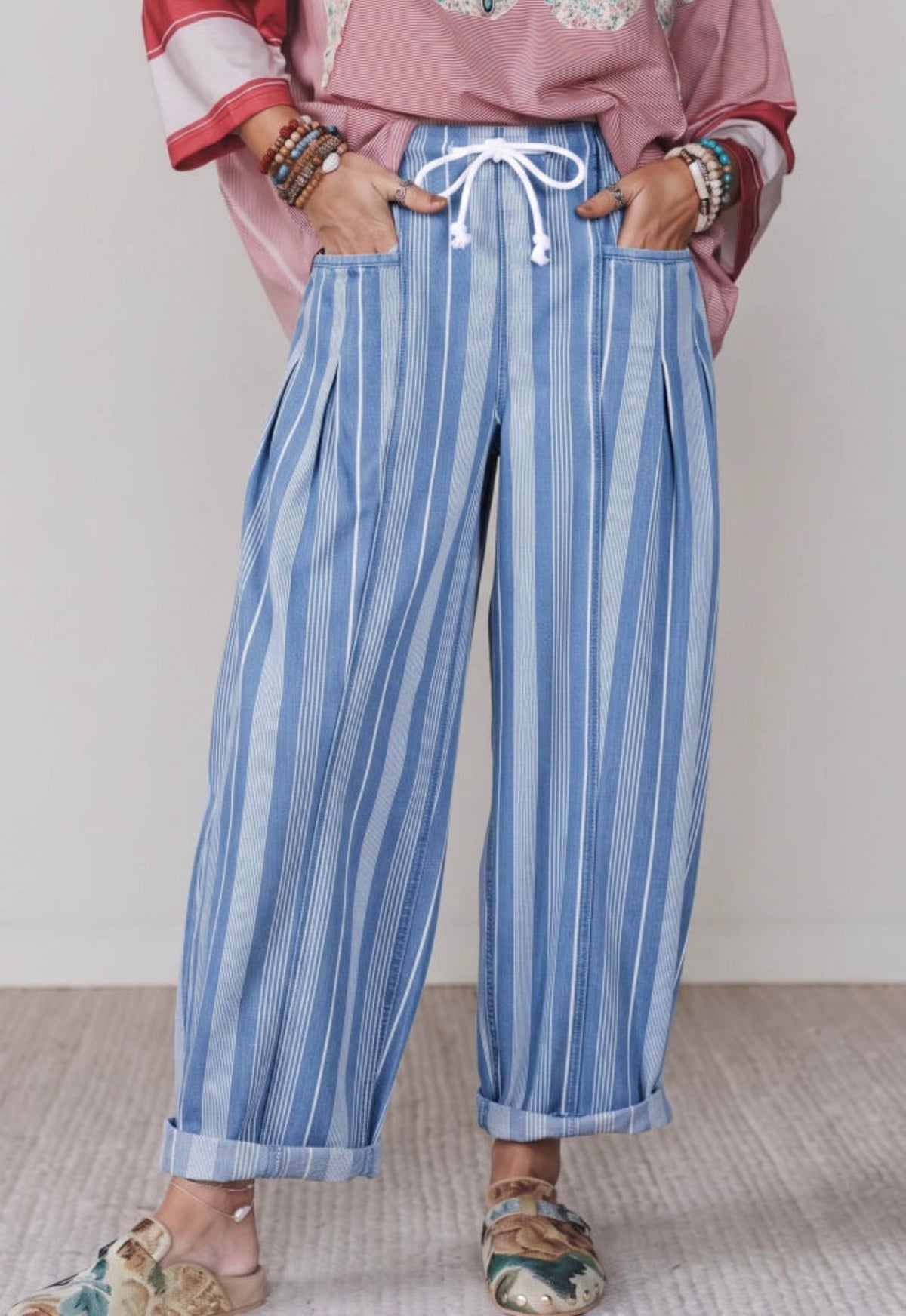 Stripe Pleated Barrel Leg Drawstring Jeans