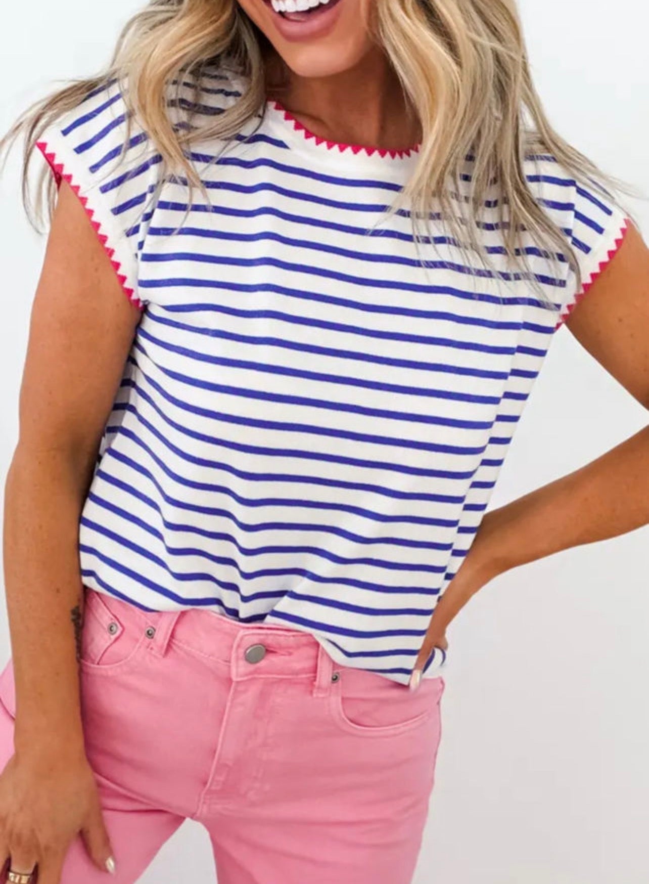 Preorder Blue & White Stripe Contrast Trim Cap Sleeve Tee