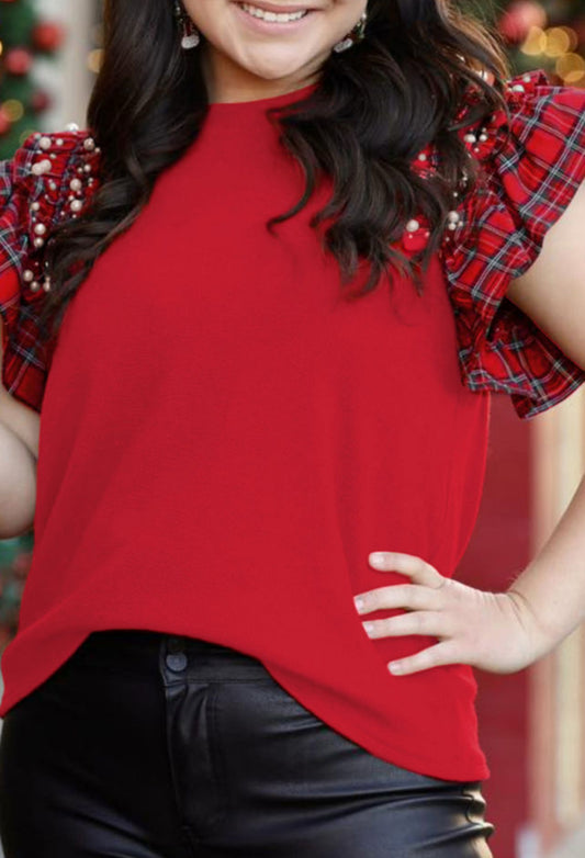 Red Plaid Ruffle & Pearl Sleeve Tee-Plus Size