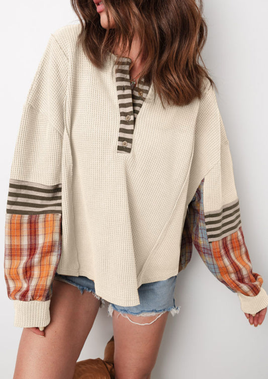 Beige Waffle Patchwork Top