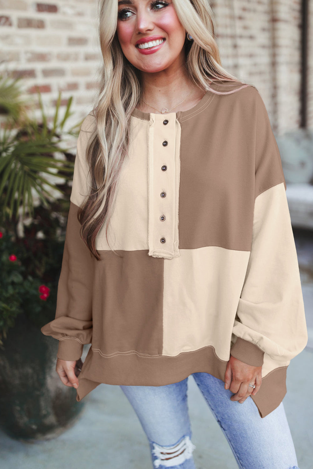 Brown Colorblock Henley Oversize Sweatshirt