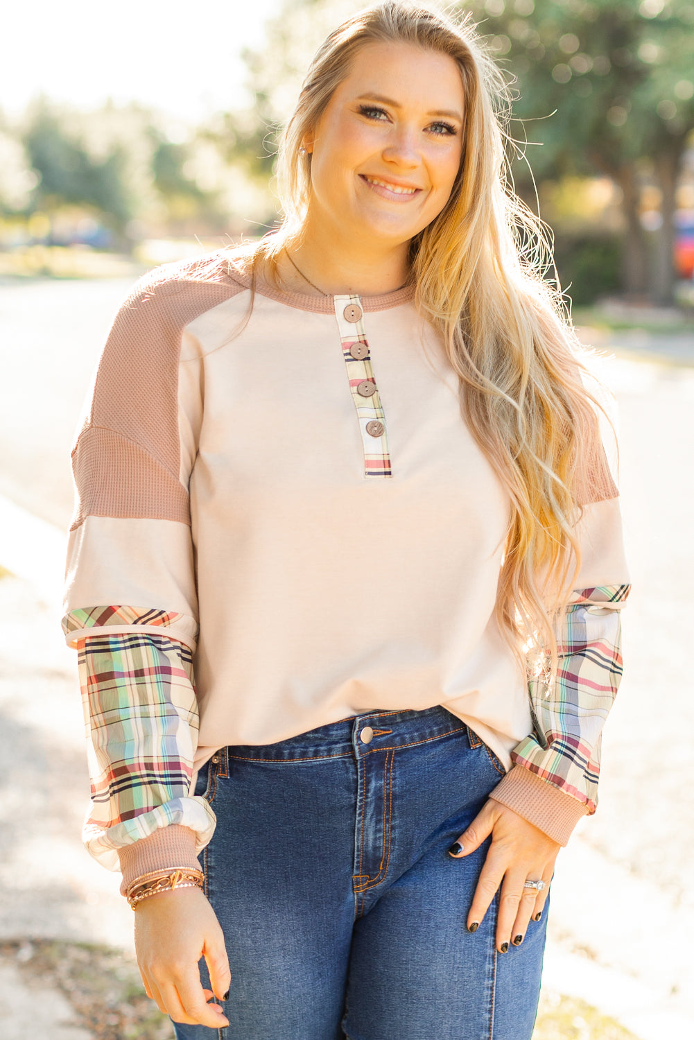 Beige Plus Size Plaid Layered Henley Top