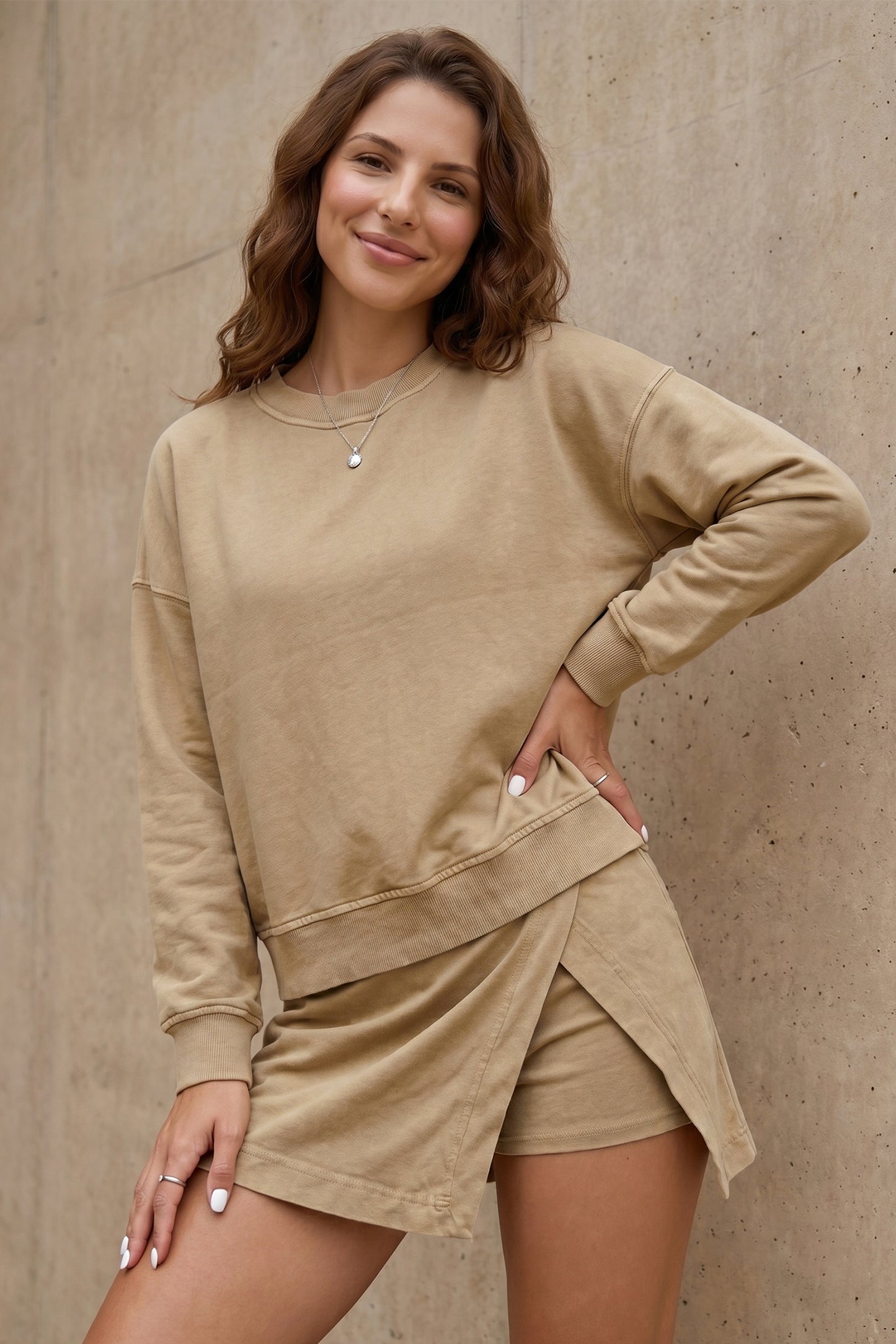 Solid Beige Long Sleeve Top Split Skort Set