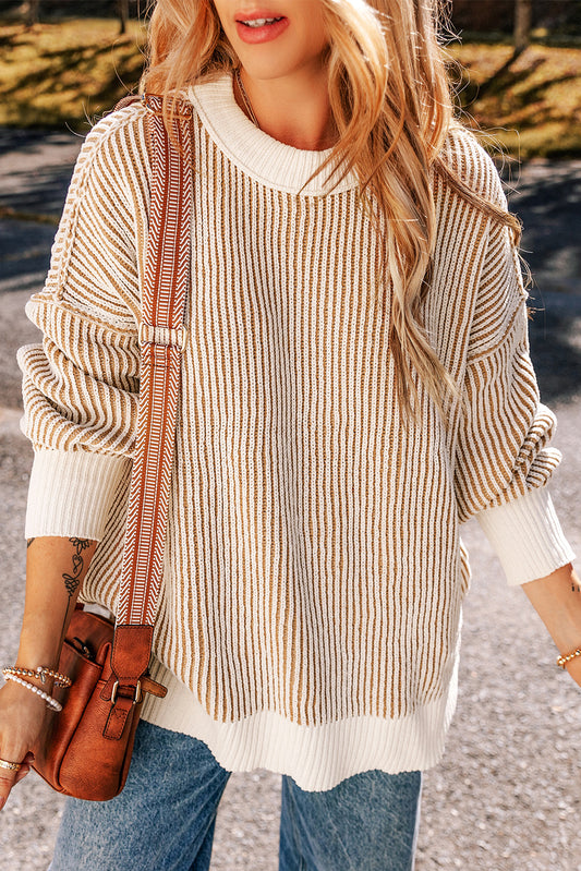 Beige Striped Loose Sweater