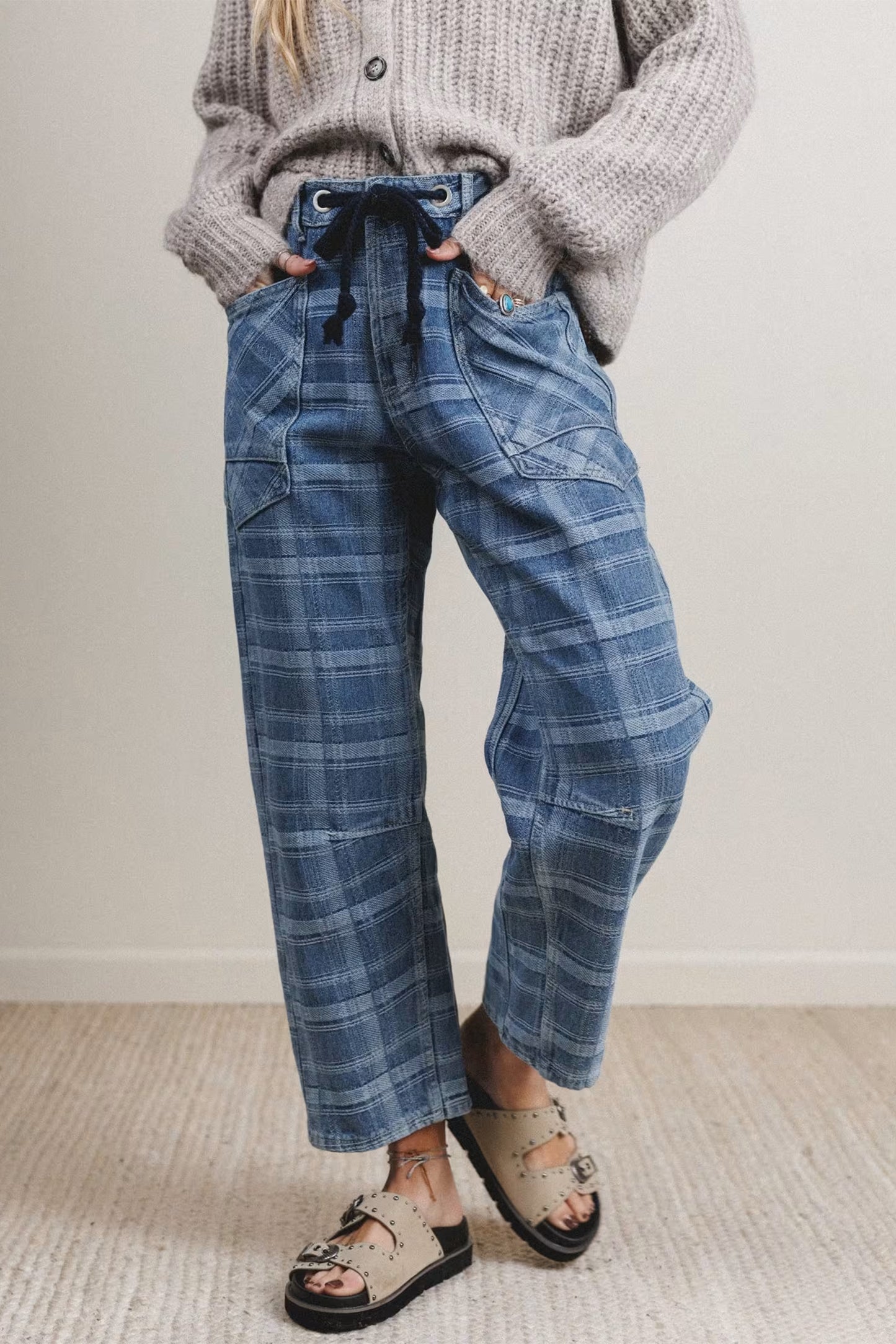 Blue Plaid Denim Drawstring Ankle-Length Jeans