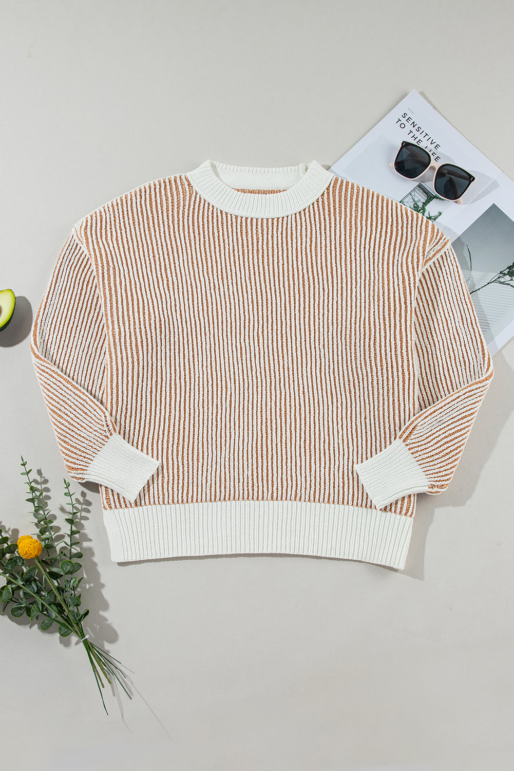 Beige Striped Loose Sweater