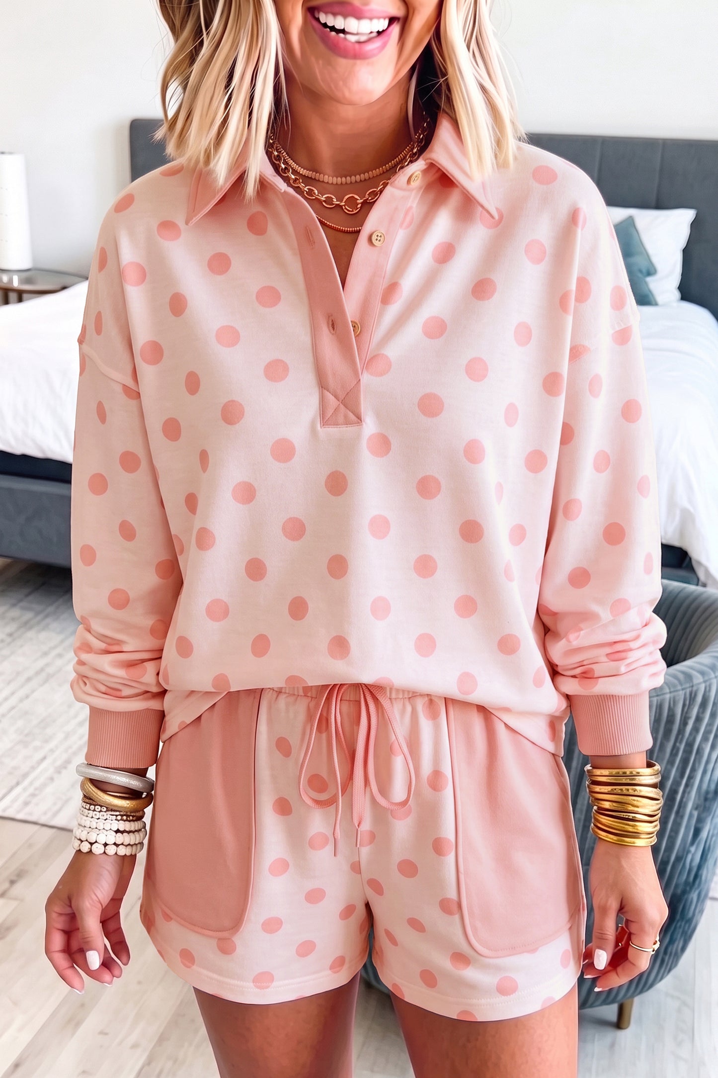 Pink Polka Dot Loose Polo Patch Pocket Shorts Set
