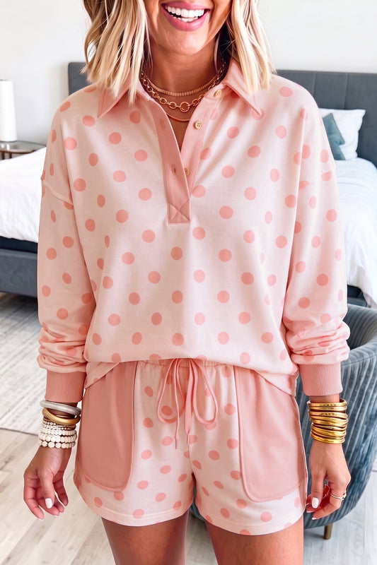 Pink Polka Dot Loose Polo Patch Pocket Shorts Set