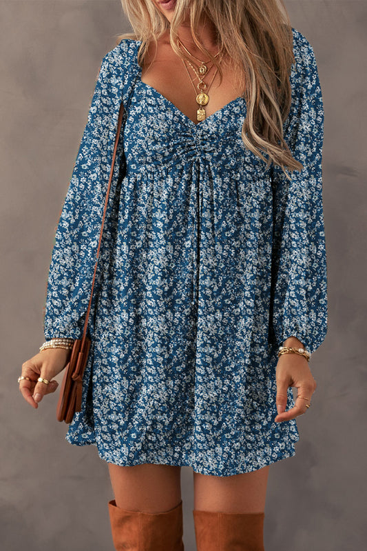 Blue Floral Print Mini Dress