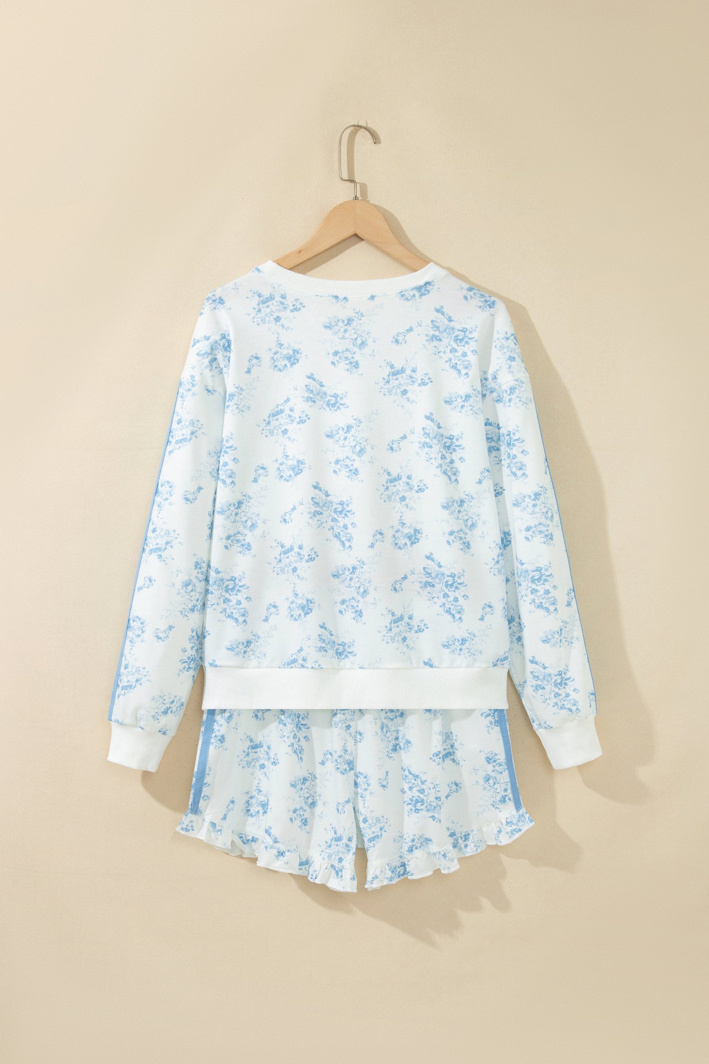 Sky Blue Floral Long Sleeve Top Ruffle Hem Shorts Set