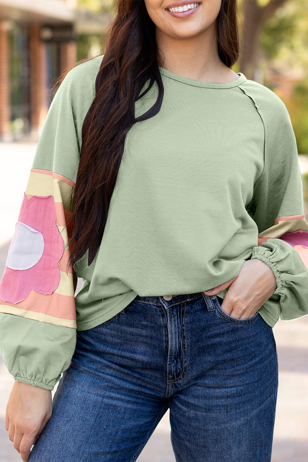 Green Flower Sleeve Oversized Top