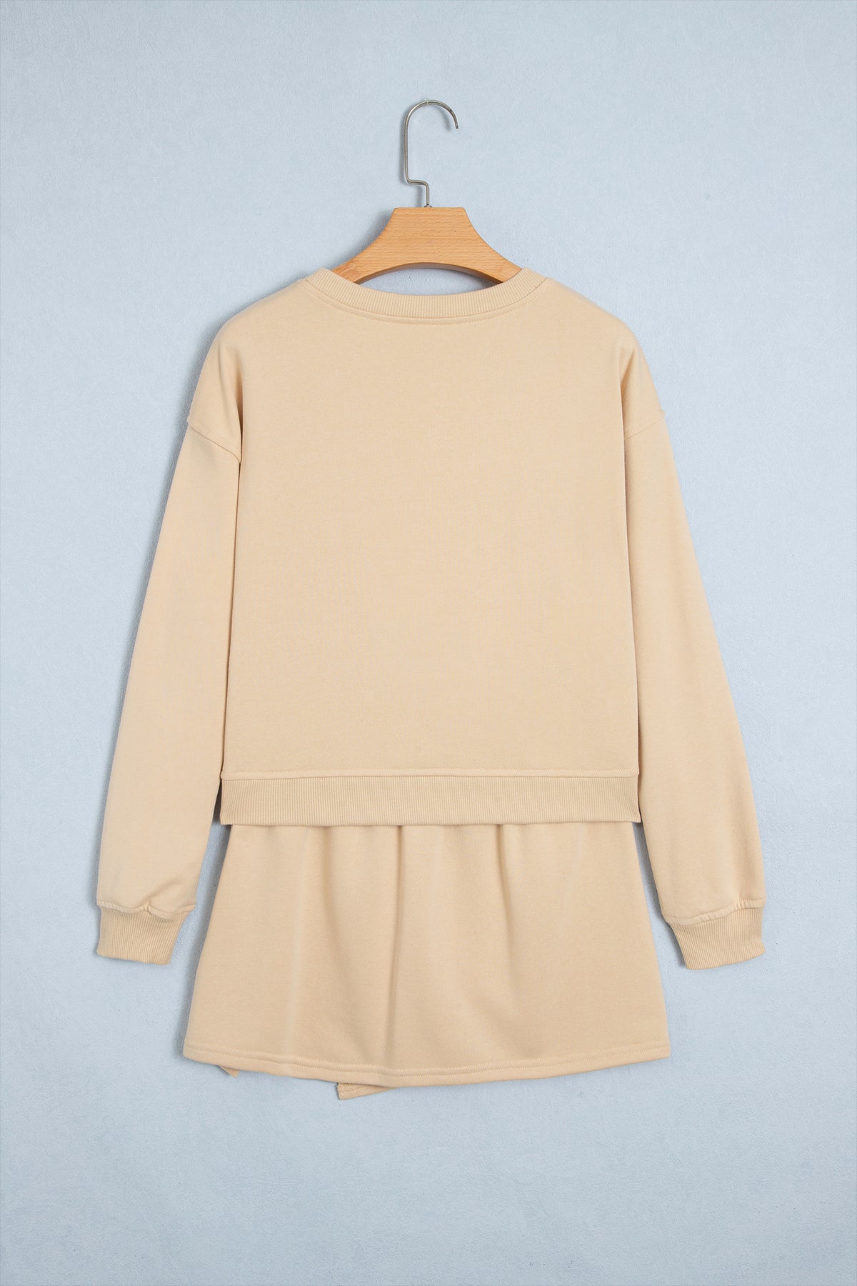 Solid Beige Long Sleeve Top Split Skort Set