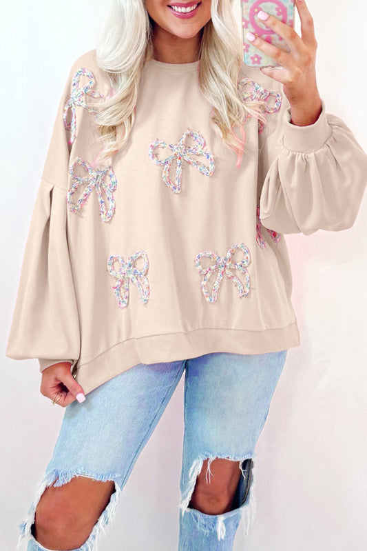 Beige Embroidered Bow Oversized Sweatshirt (on hand)