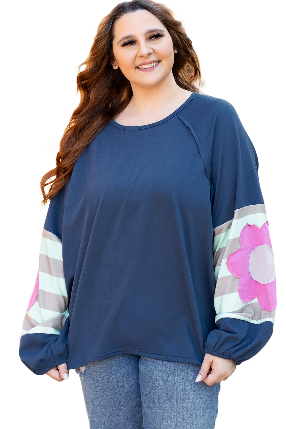 Blue Flower Sleeve Oversized Top