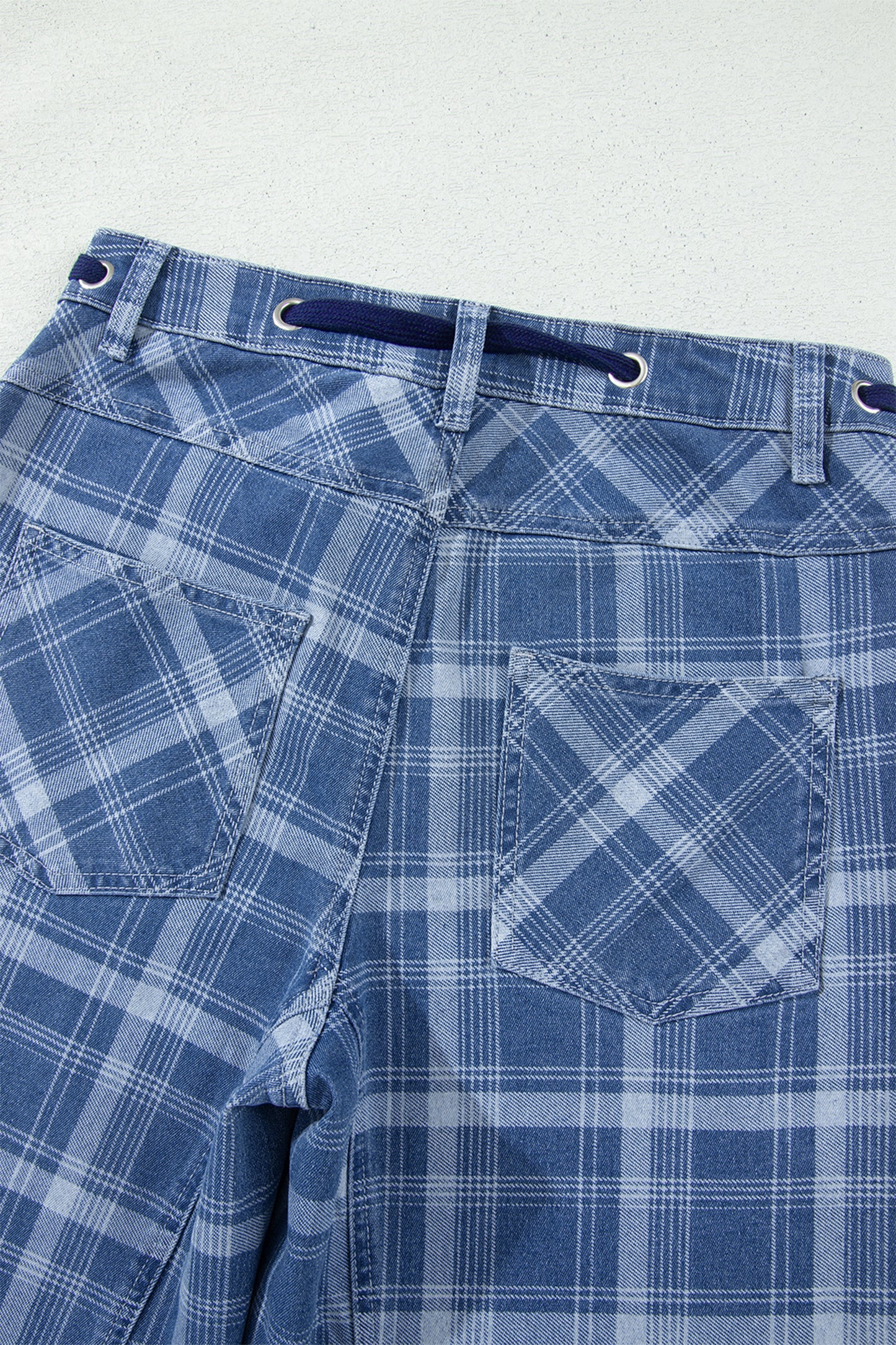 Blue Plaid Denim Drawstring Ankle-Length Jeans