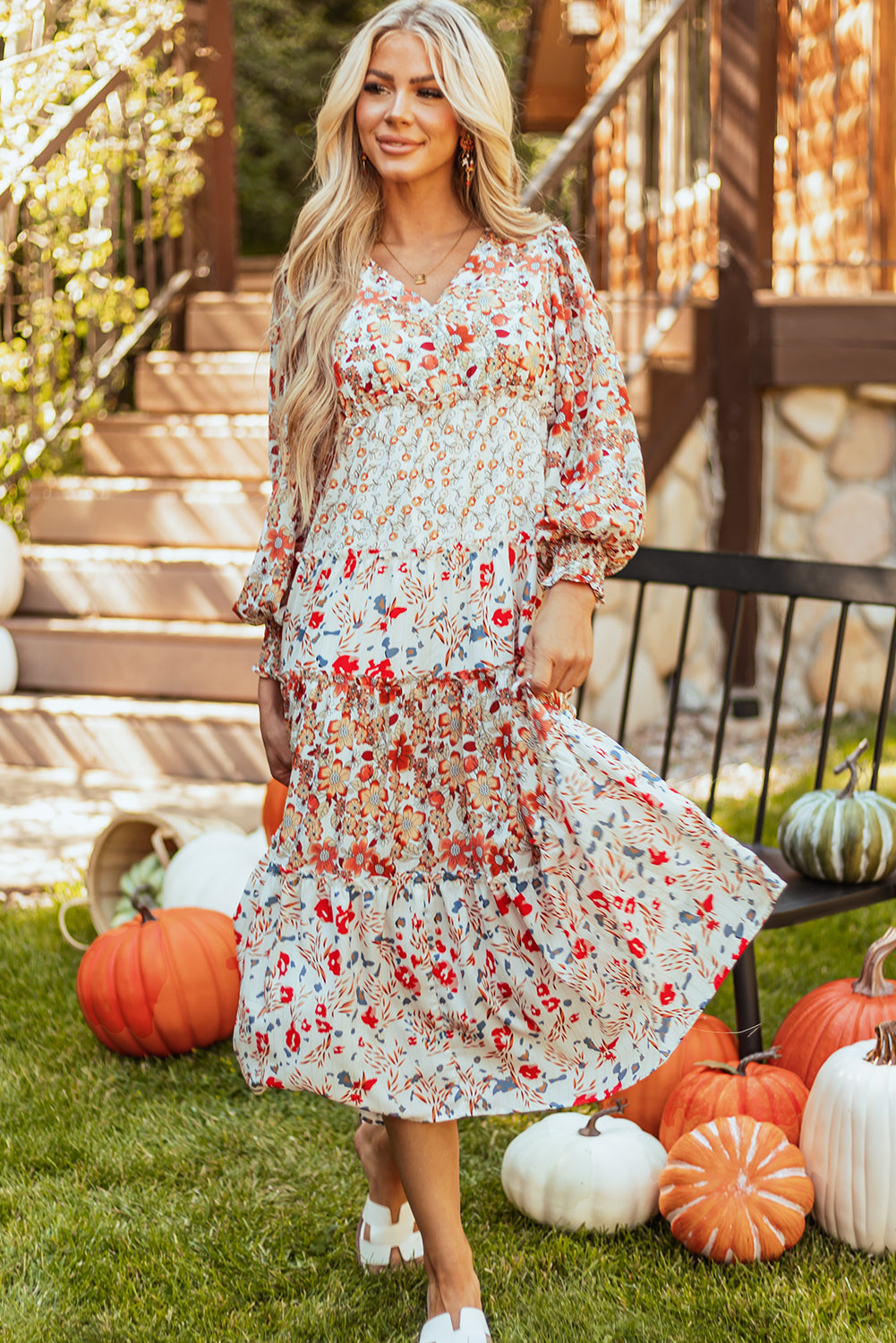 Floral Print Ruffled Tiered Midi Dress