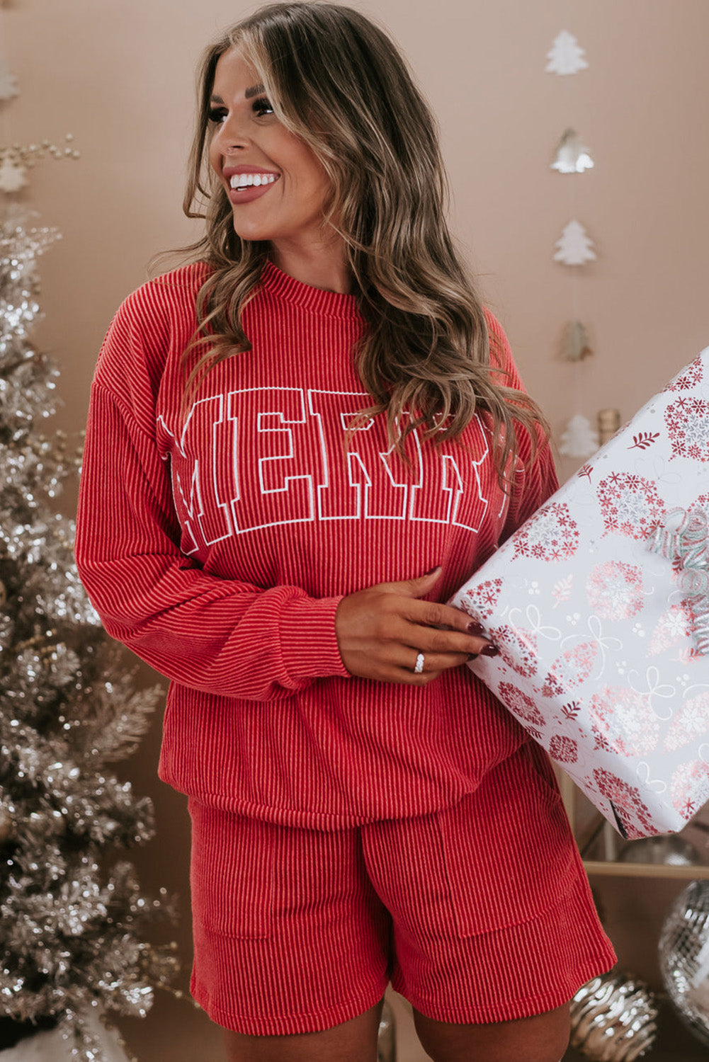 Red MERRY Ribbed Knit Plus Size Set