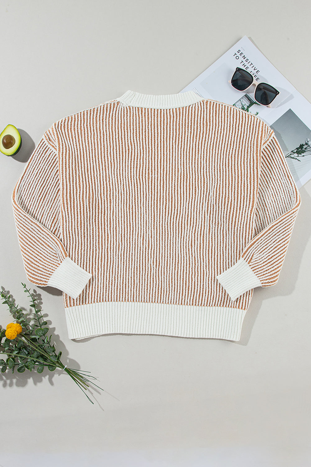 Beige Striped Loose Sweater