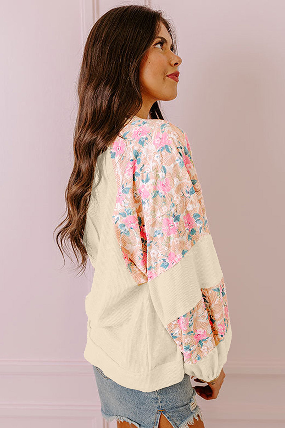 Beige Floral Patchwork Balloon Sleeve Blouse