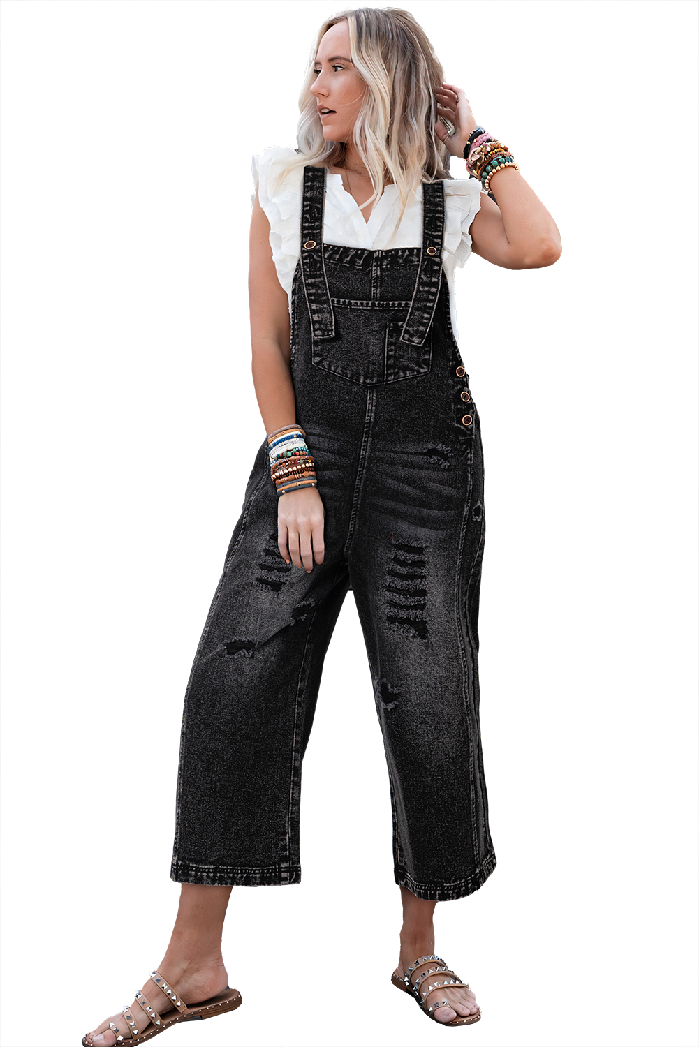 Black Distressed Wide Leg Denim Overall