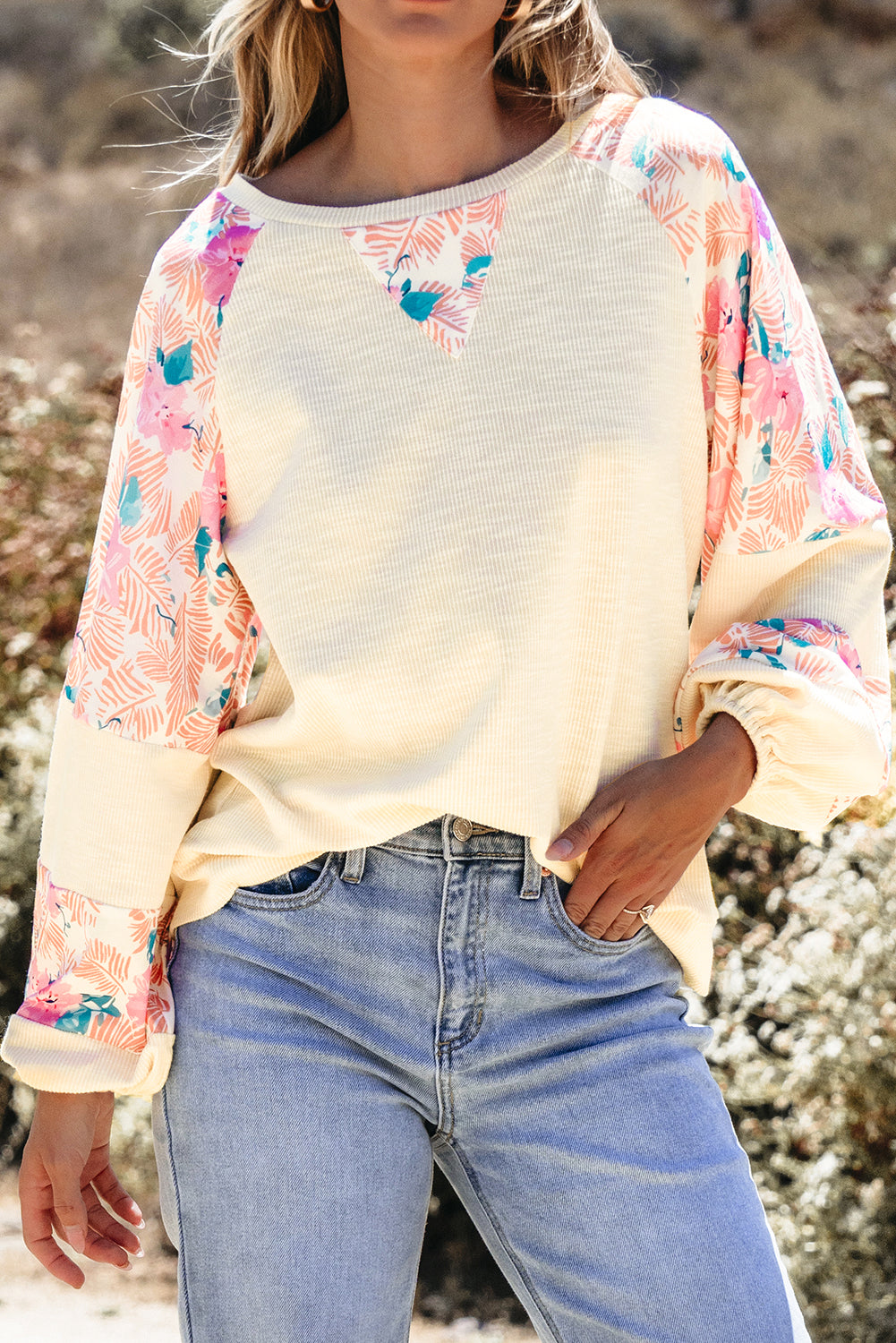 Beige Floral Patchwork Balloon Sleeve Blouse