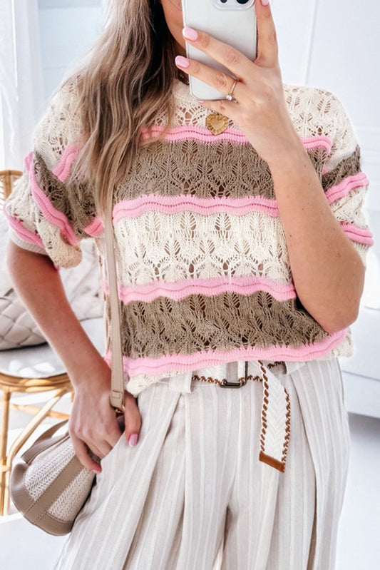 FINAL SALE--Brown Stripe Crochet Half Sleeve Sweater (on hand)