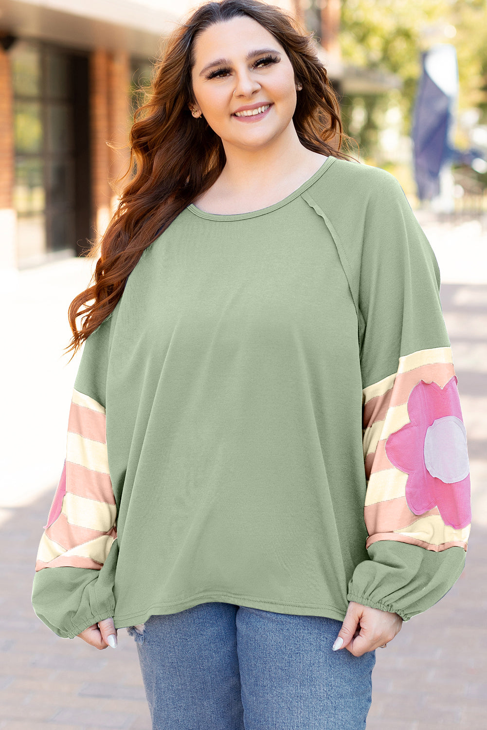 Green Flower Sleeve Oversized Top