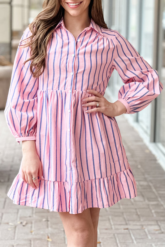 Pink Stripe Ruffled Shirt Mini Dress