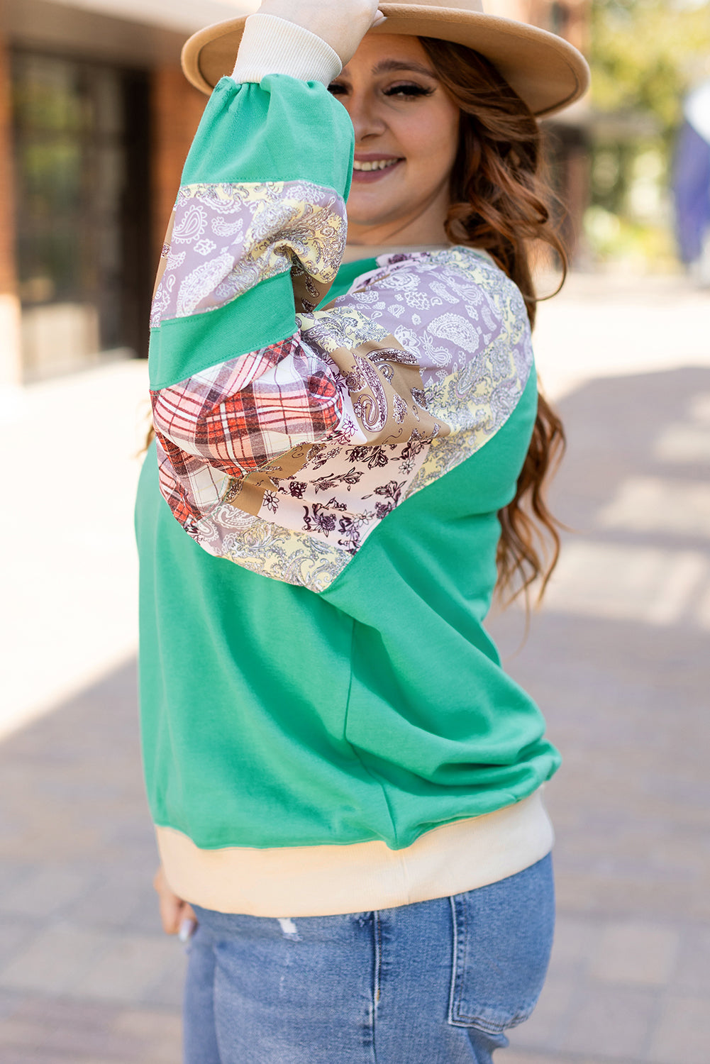 Green Plus Size Plaid Patchwork Sleeve Sweatshirt