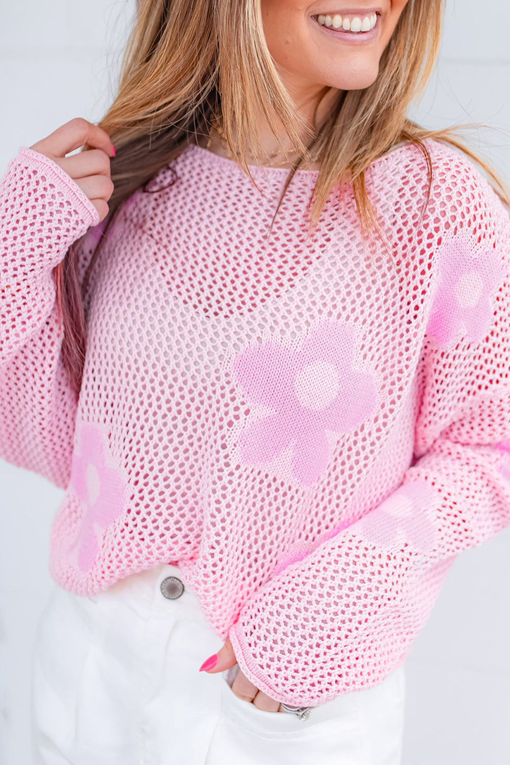 Pink Big Flower Hollowed Knit Drop Shoulder Sweater (on hand)