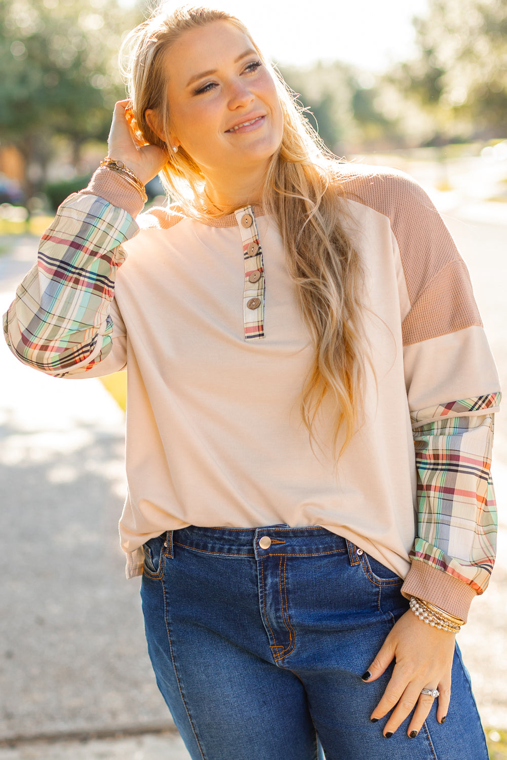 Beige Plus Size Plaid Layered Henley Top