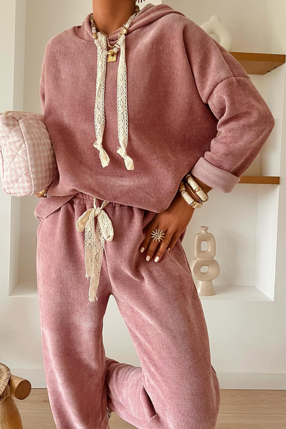 Rose Tan Lace Drawstring Corduroy Set