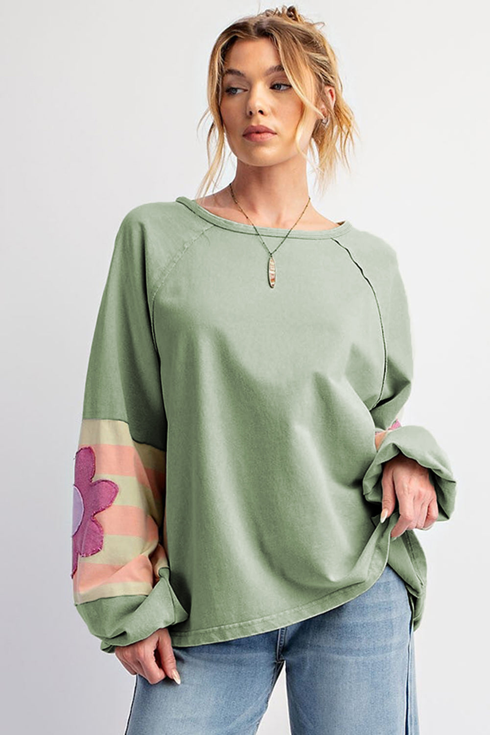 Green Flower Sleeve Oversized Top