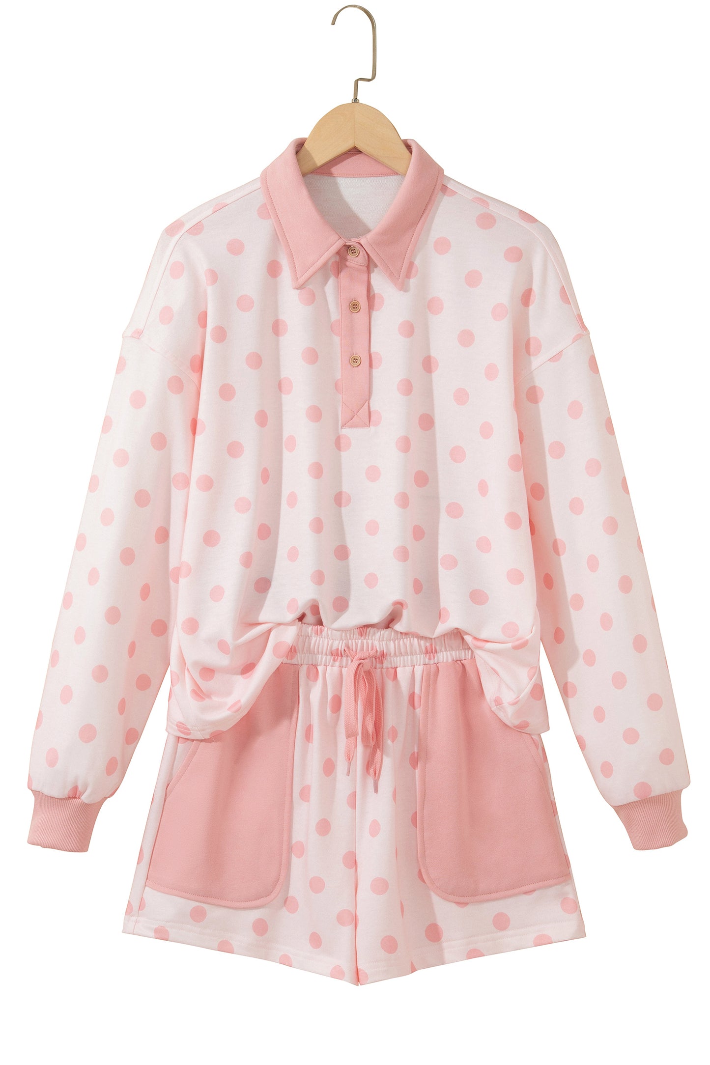Pink Polka Dot Loose Polo Patch Pocket Shorts Set