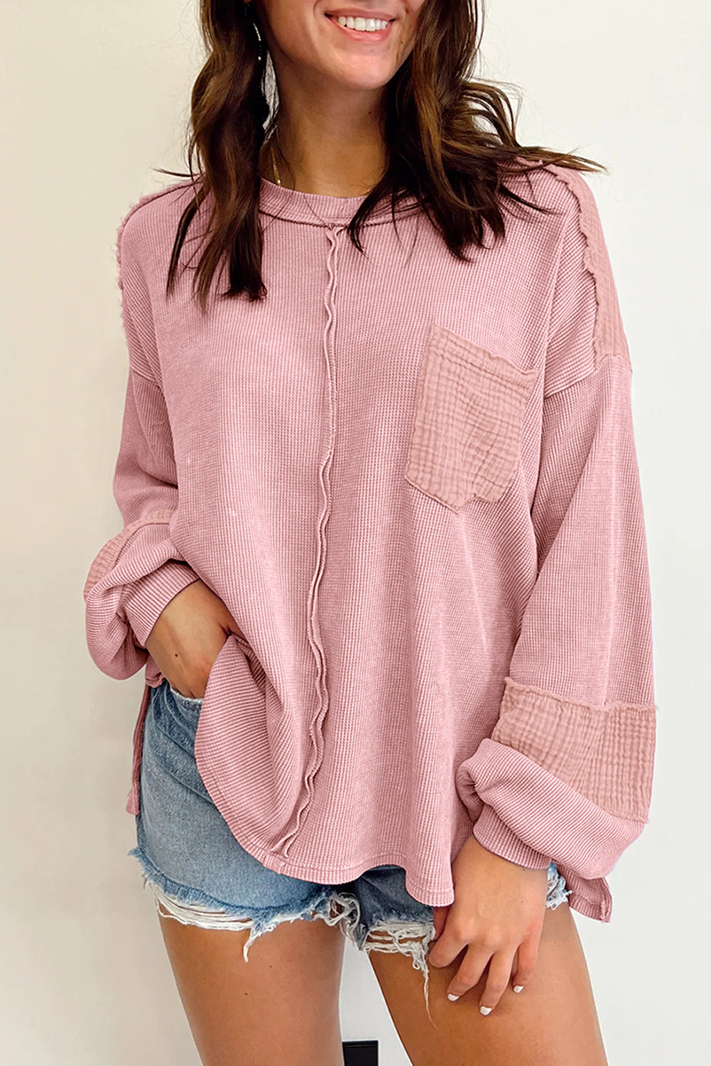 Pink Exposed Seam Patchwork Waffle Knit Top (on hand)