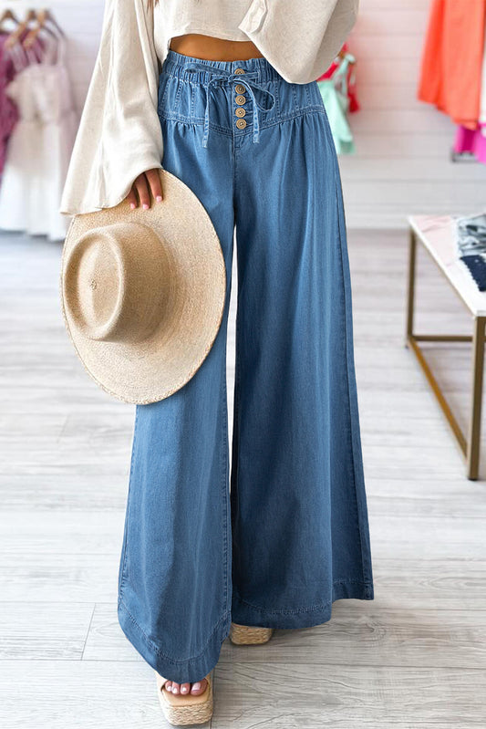 Blue Button Fly Wide Leg Jeans