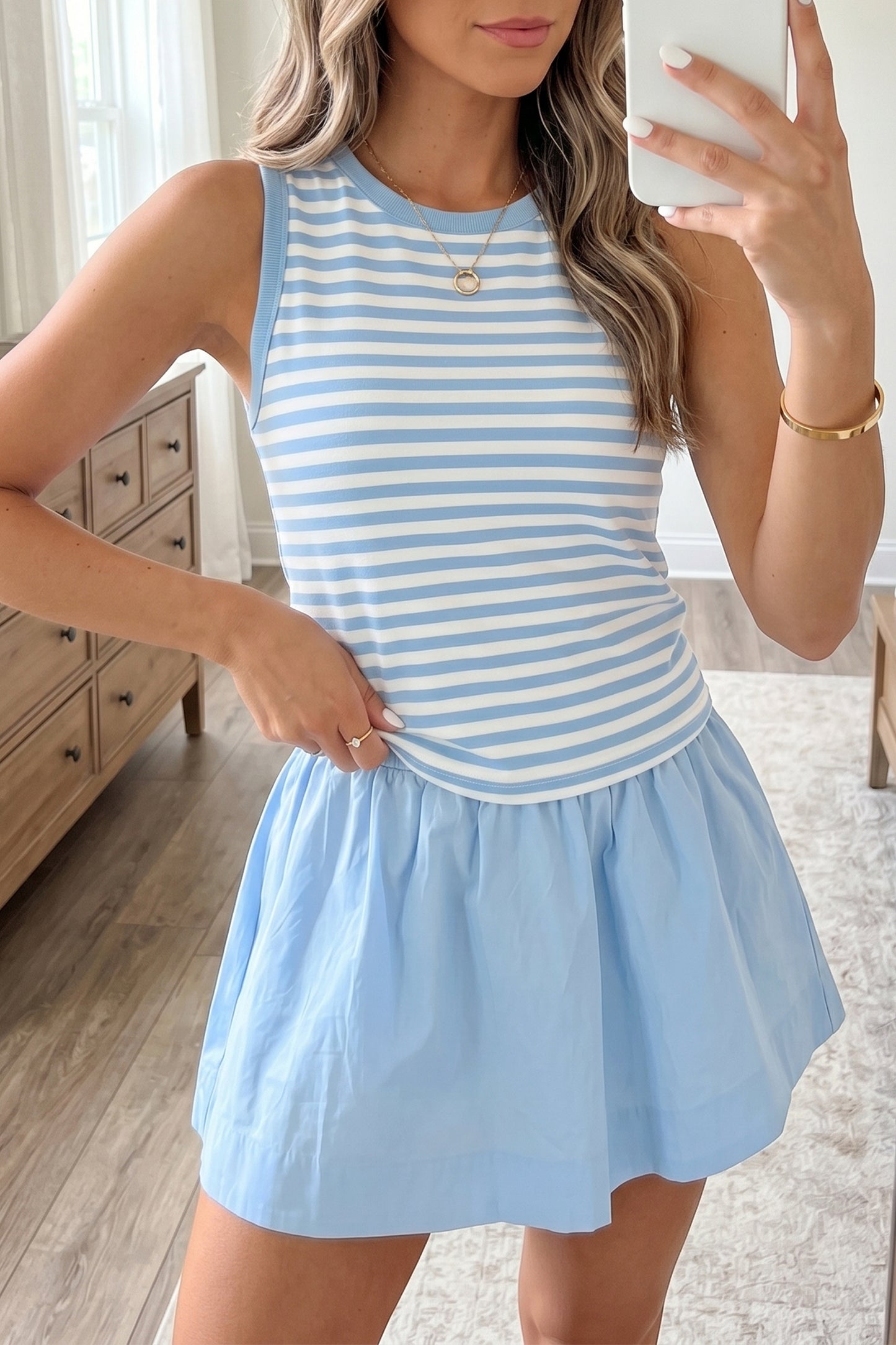 Sky Blue Stripe Slim Tank Ruffle Mini Skort Set