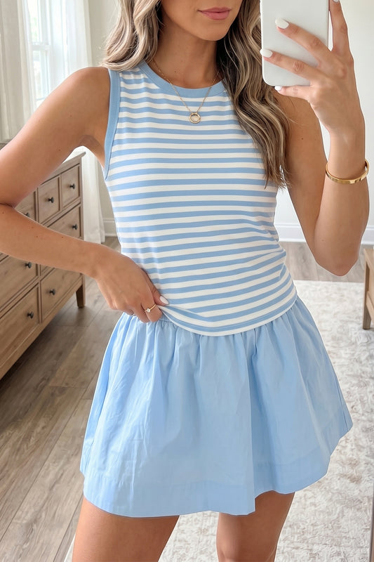 Sky Blue Stripe Slim Tank Ruffle Mini Skort Set