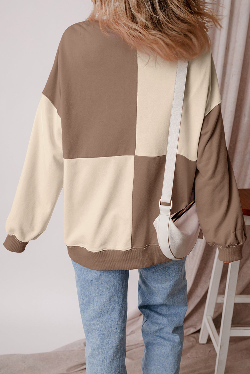 Brown Colorblock Henley Oversize Sweatshirt