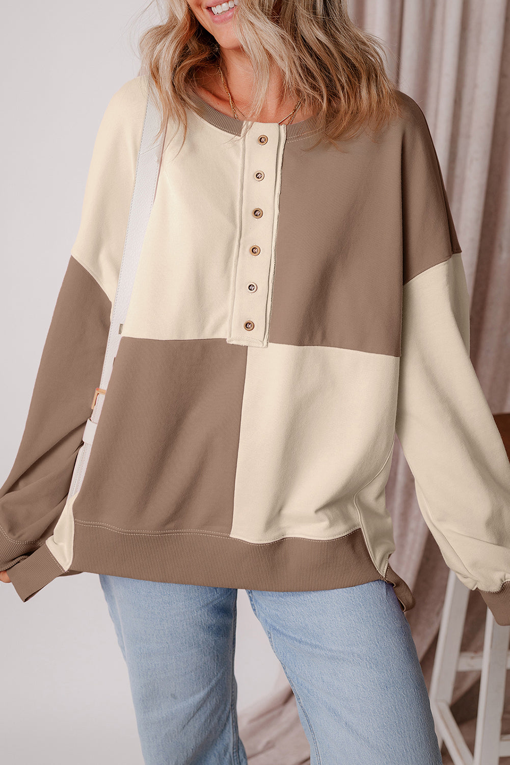 Brown Colorblock Henley Oversize Sweatshirt