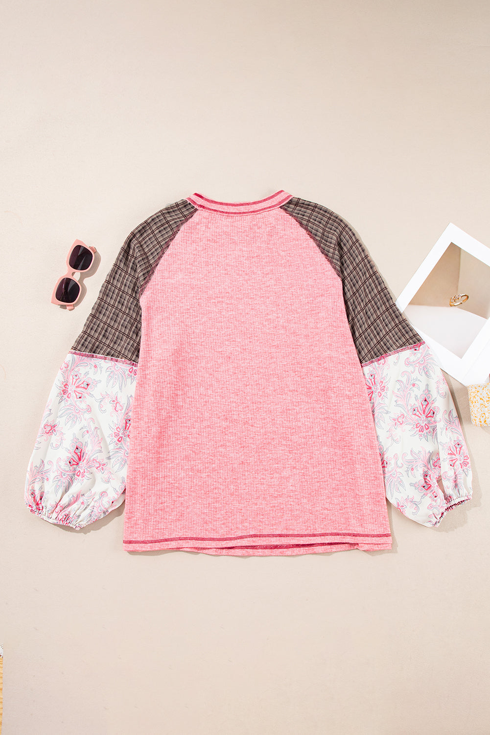 Pink Patchwork Sleeve Plus Size Top