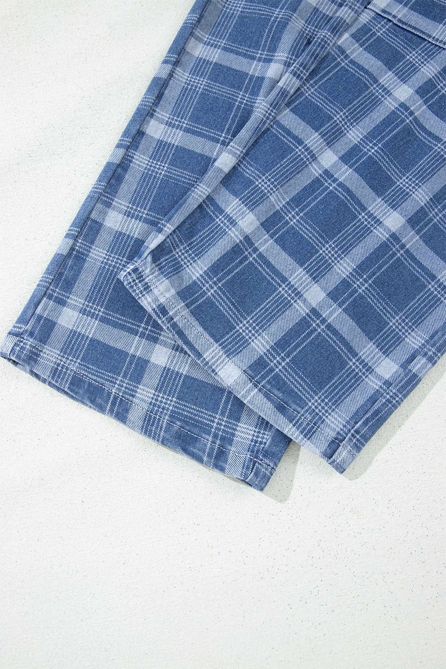 Blue Plaid Denim Drawstring Ankle-Length Jeans