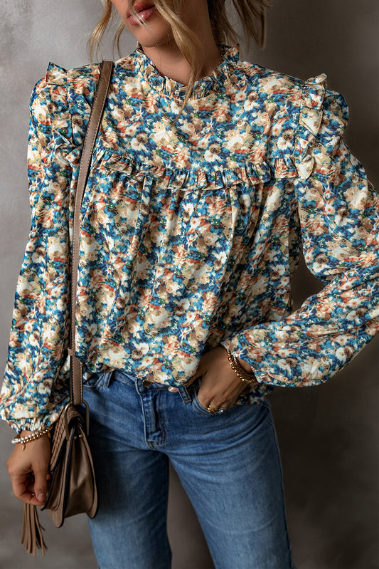 Blue Floral Frilled Blouse