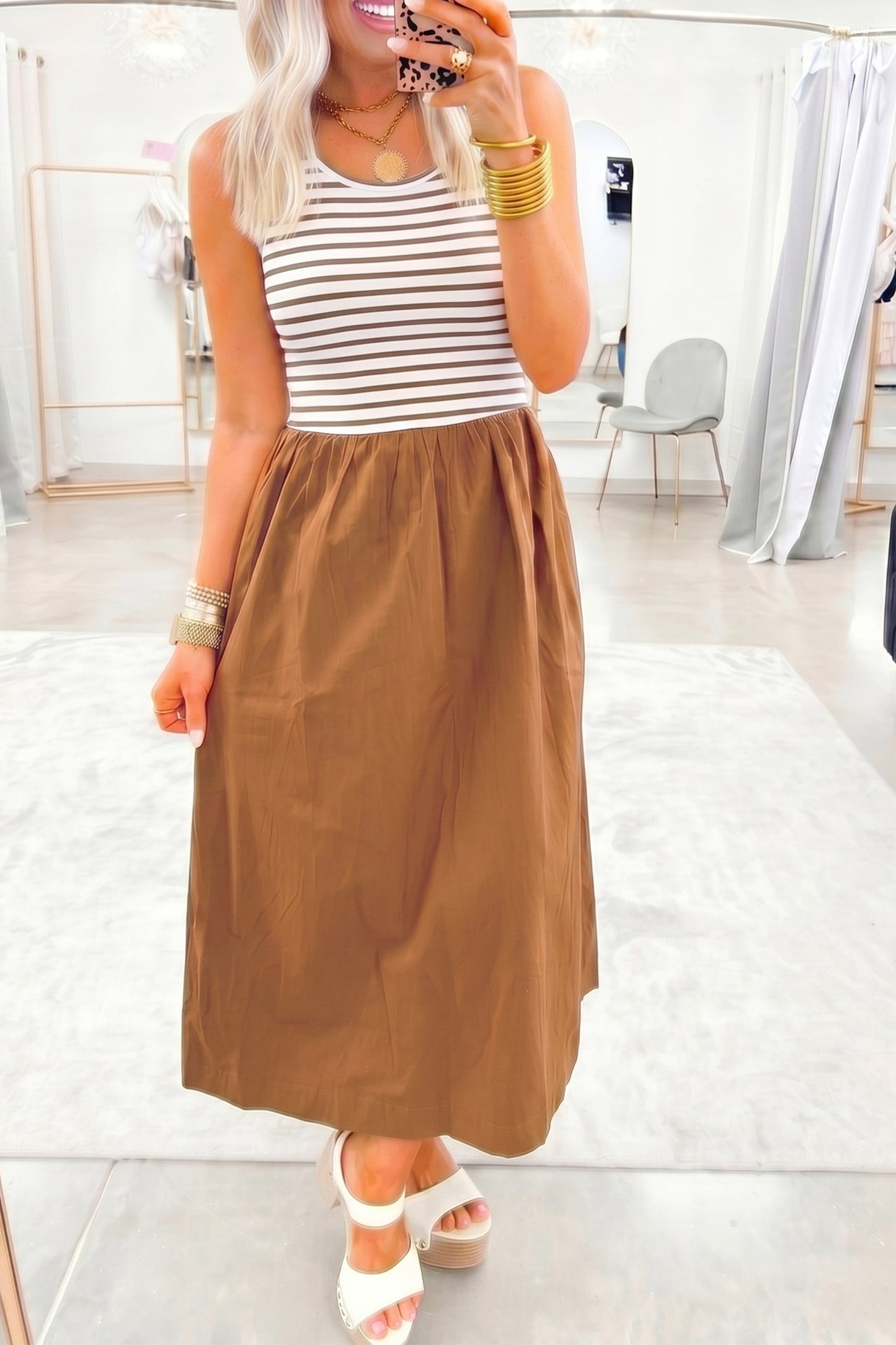 Chestnut Striped Colorblock Sleeveless Long Dress