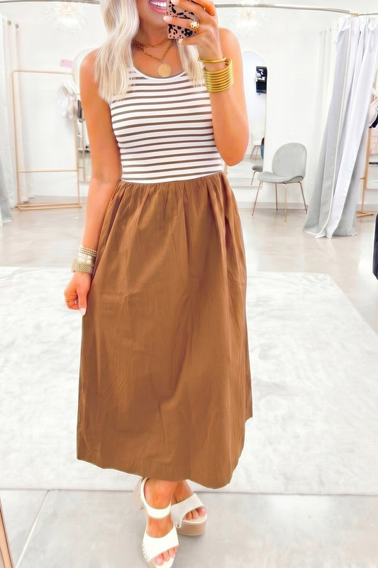 Chestnut Striped Colorblock Sleeveless Long Dress