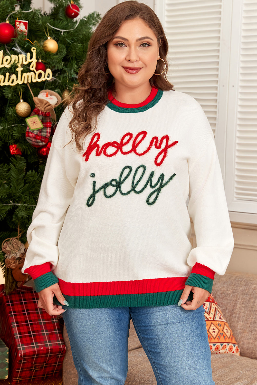 White Tinsel Holly Jolly Plus Size Sweater