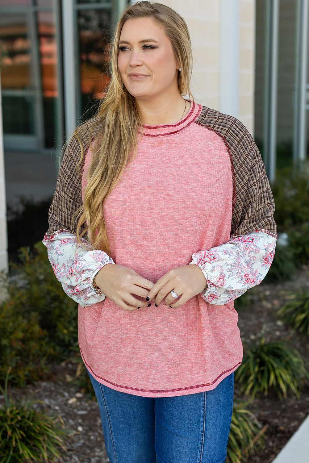 Pink Patchwork Sleeve Plus Size Top